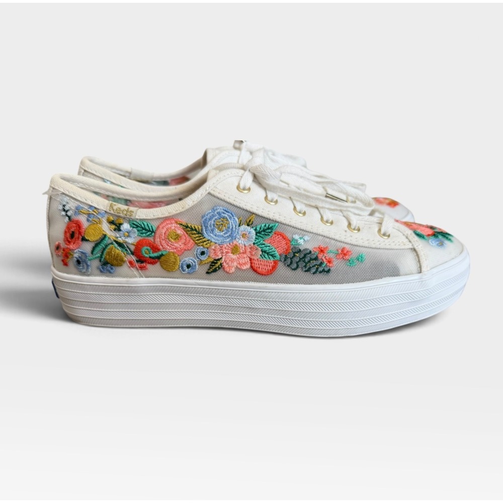 Keds x Rifle Paper Co Triple Kick Women 8 White Floral Embroidery Mesh Platform